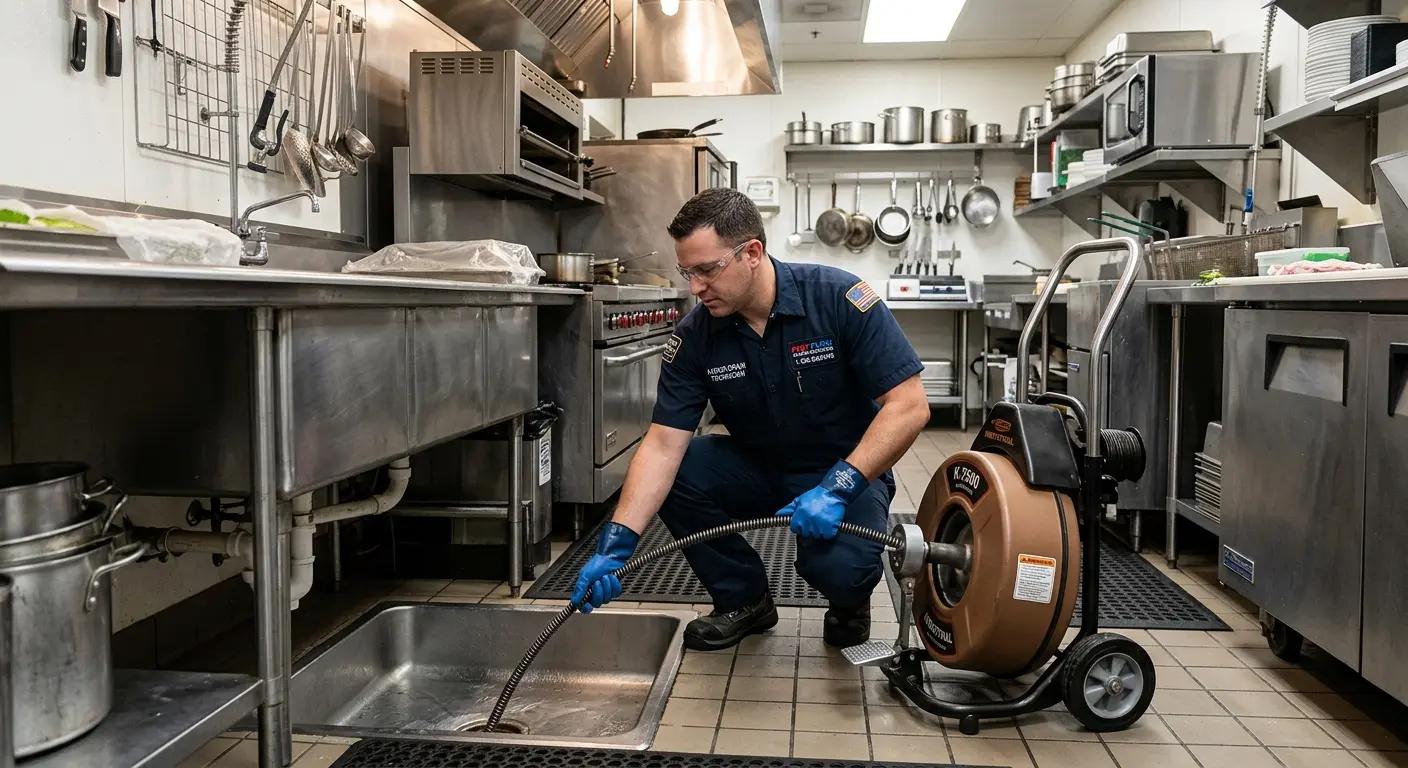 Commercial drain cleaning service in a restaurant kitchen in Sterling