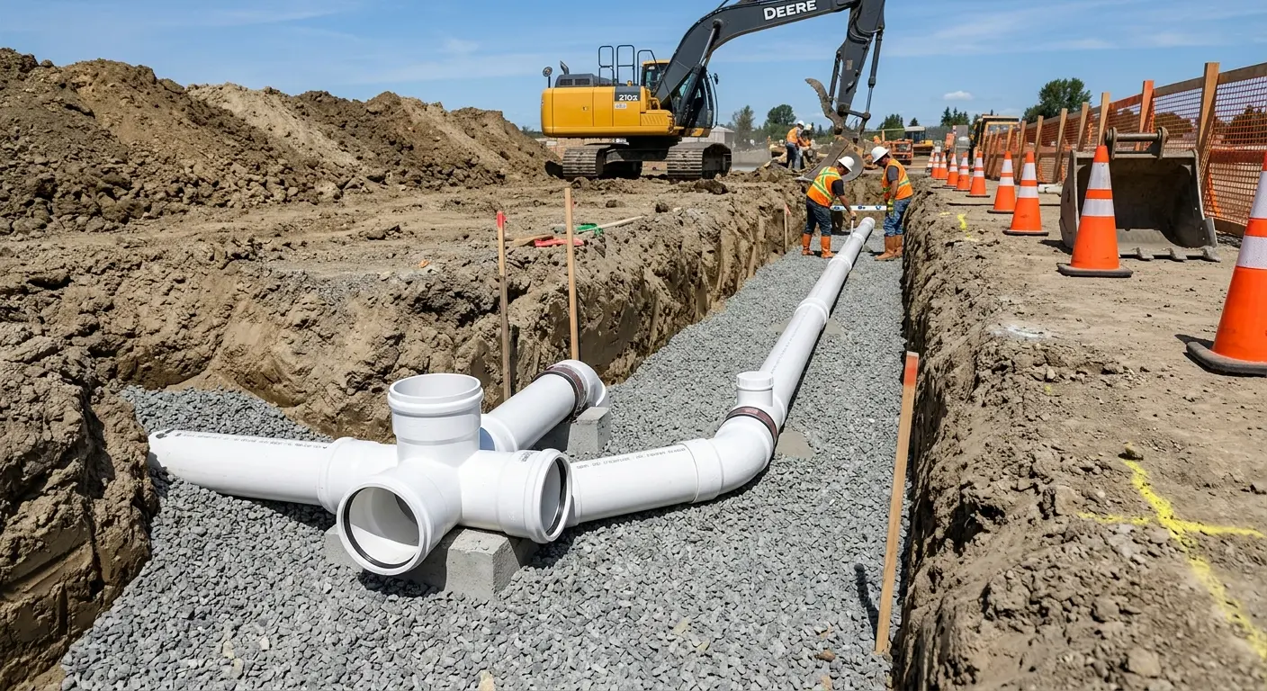 New PVC sewer pipe installation in open trench for Sewer Backup in Sterling